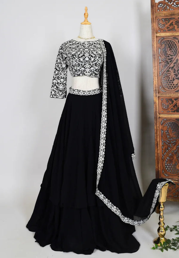 Black-White Georgette Thread-Embroidery Double-Layer Lehenga-Skirt, Blouse & Dupatta Set