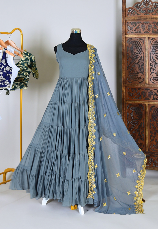 Grey Georgette Multi-Layer Designer-Back Pleated-Anarkali-Kurti Dress & Dupatta Set