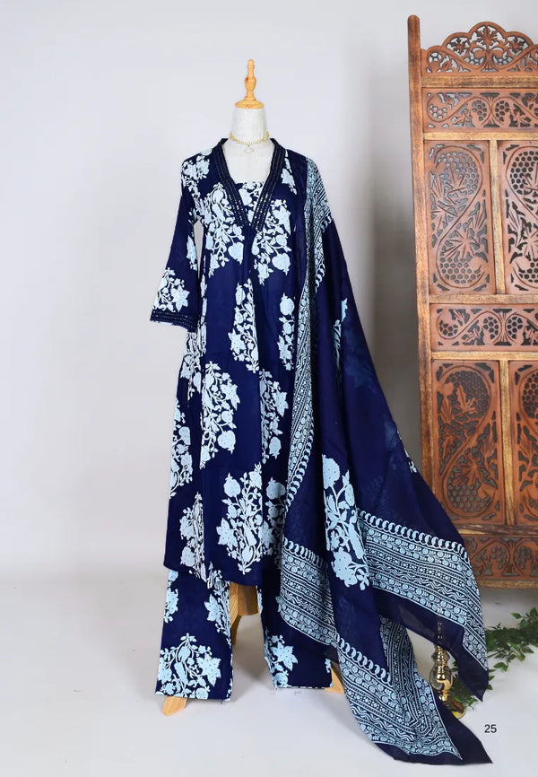 Navy-Blue-White Screen-Print Straight-Cut Kurti-Top Pants & Dupatta set