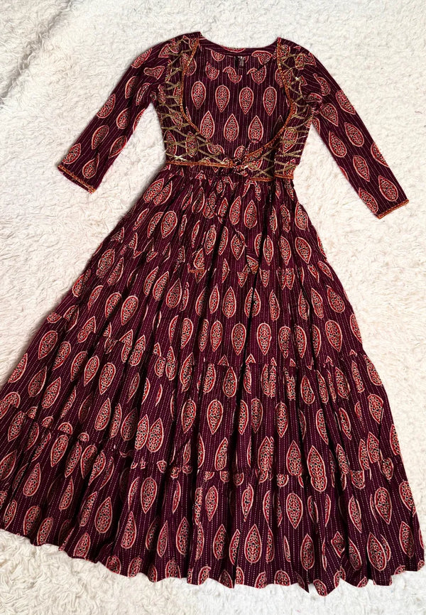 Maroon-Orange Block-Print Pure-Cotton Flare-Anarkali-Kurt