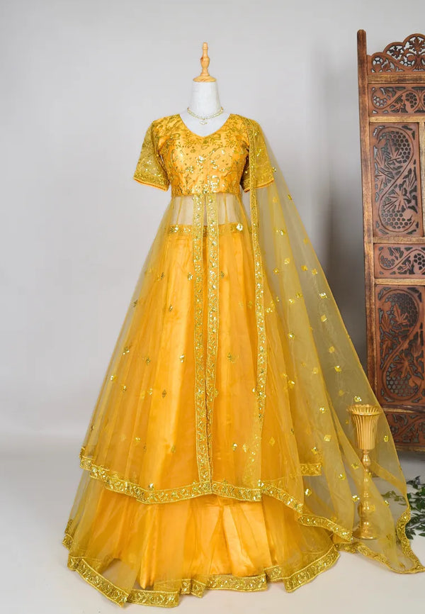 Gold Sequin-Embroidered Net Front-Slit-Anarkali Lehenga, Anarkali & Dupatta Set