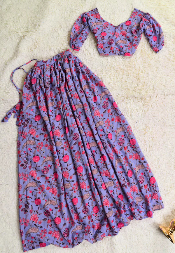 Lavender Digital-Print Georgette Pleated Lehenga Skirt & Blouse Set