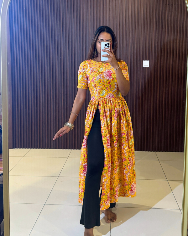 Mustard-Yelow Pure-Cotton Table-Print Front-Slit-Flare-Kurti-Top