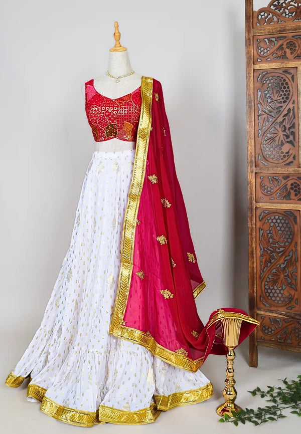 White-Red Foil-Embroidered Georgette Layered-Pleated Lehenga-Skirt, Blouse & Dupatta Set