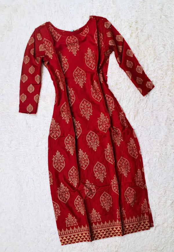 Maroon Cotton Foil-Print Straight-Cut Kurti-Top.