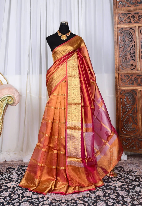 Burnt-Orange Tissue-Organza Striped-Zari Banarasi-Saree