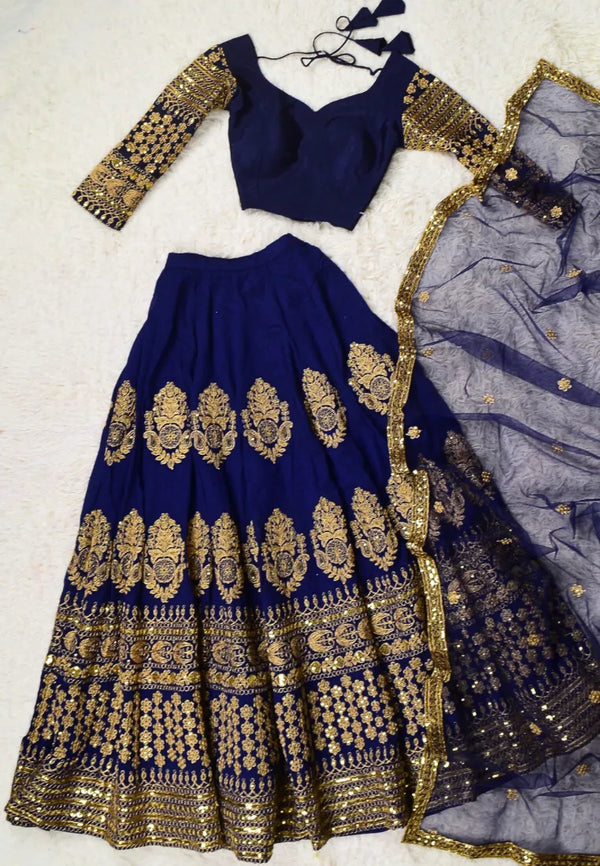 Navy-Blue Embroidered Raw-Silk Kalidaar-Lehenga-Skirt, Blouse &amp; Dupatta Set