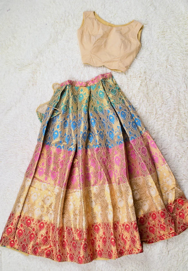 Multi-Colour Banarasi-Brocade-Velvet Box-Pleated Lehenga-Skirt &amp; Blouse Set