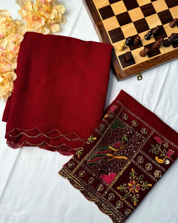 Maroon Premium-Georgette Cutwork-Scallop-Border North-Saree with Heavy Embroidered Blouse Material