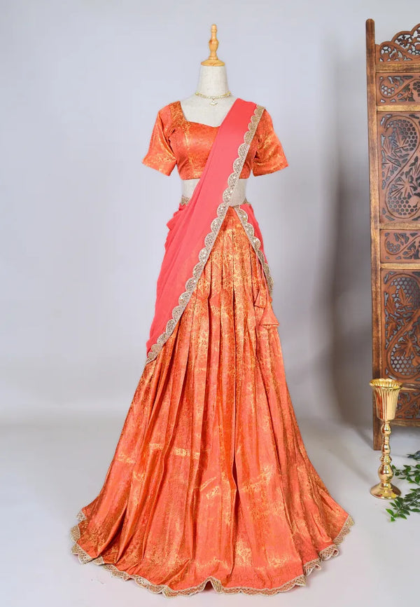 Peach Brocade-Woven art-Silk Pleated-Lehenga, Blouse & Dupatta Set