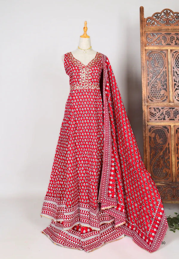 Red-White Screen-Print Kurti-Top, Palazzo & Dupatta Set