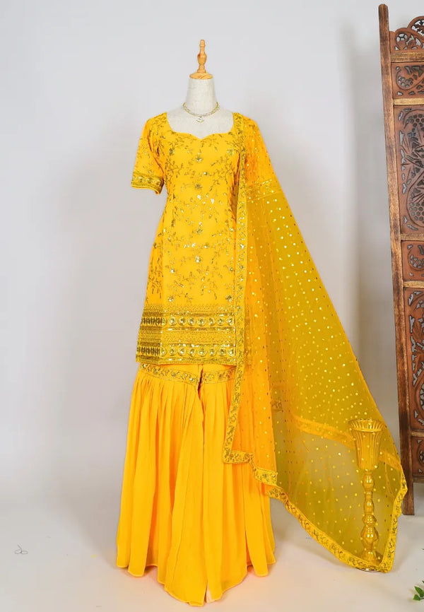 Yellow Premium-Georgette Sequin-Embroidery Kurti-Top, Gharara & Dupatta Set