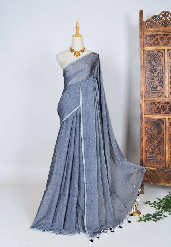 Grey Handspun Pure Cotton Foil Embroidery Plain Bengal Saree