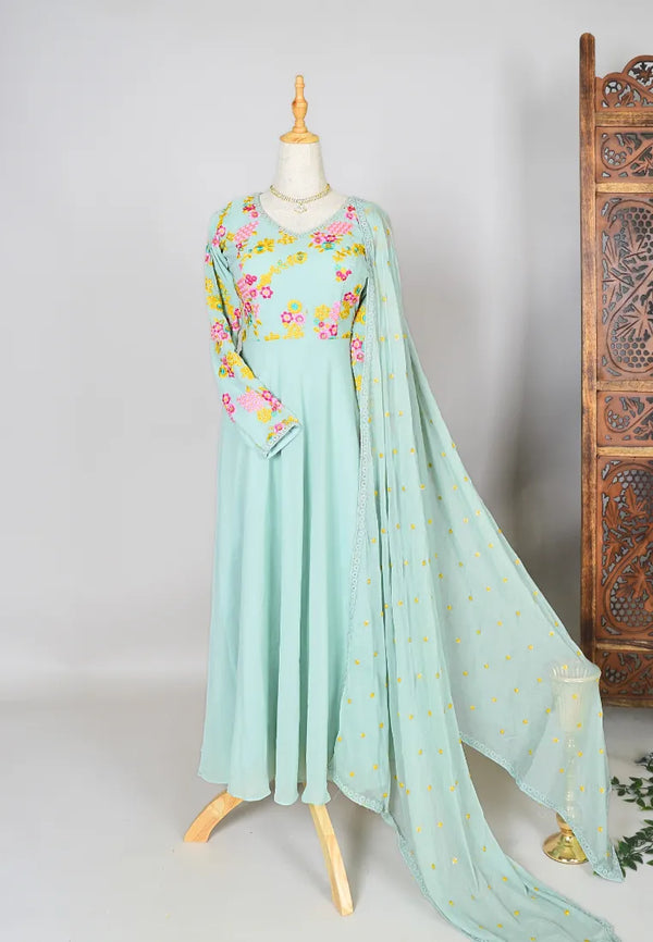 Turquoise Thread-Embroidered Premium-Georgette Flare-Anarkali-Kurti & Dupatta Set