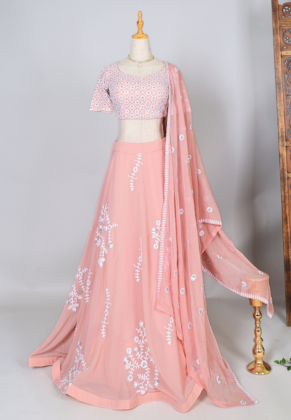 Baby-Pink Premium-Georgette Thread-Embroidered Lehenga, Blouse & Dupatta Set