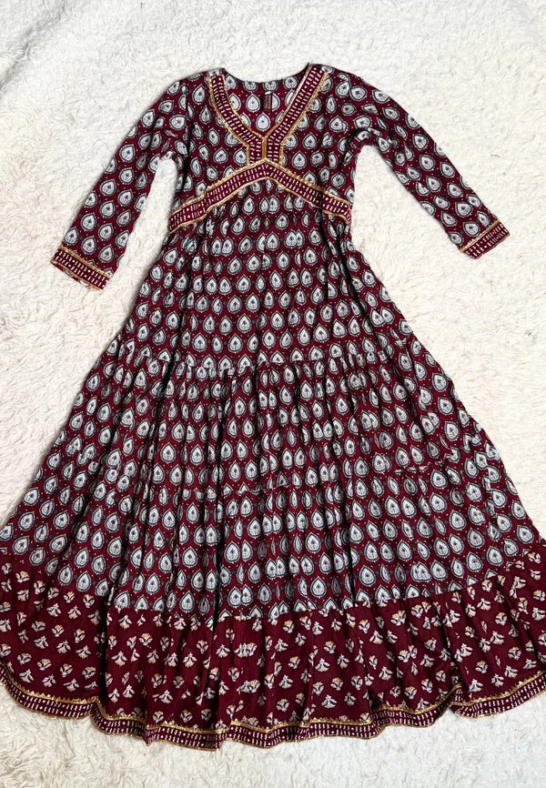 Maroon-White Block-Print Pure-Cotton Flare-Anarkali-Kurti