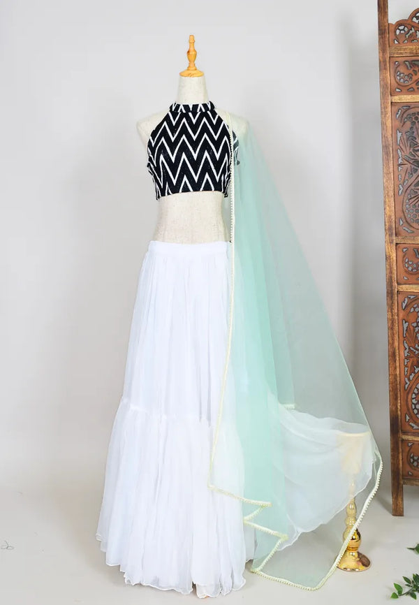 White-Black Thread-Embroidered Chiffon Layered-Pleated Lehenga-Skirt, Blouse & Dupatta Set