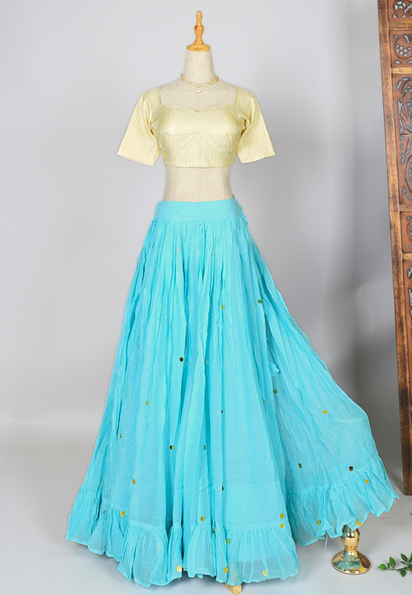 Turquoise-Blue Handspun-Cotton Sequin-Stitched Pleated-Lehenga & Blouse Set