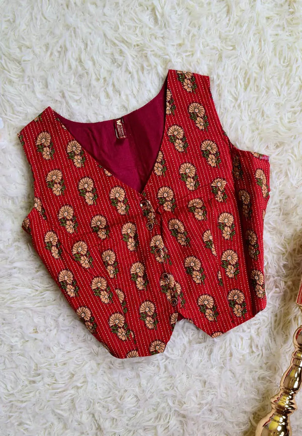 Blood-Red Pure-Cotton Waistcoat-Style Blouse
