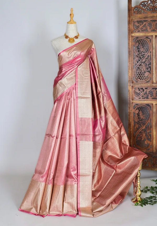 Baby-Pink Kora Organza Plain Body Paisley Border Banarasi Saree