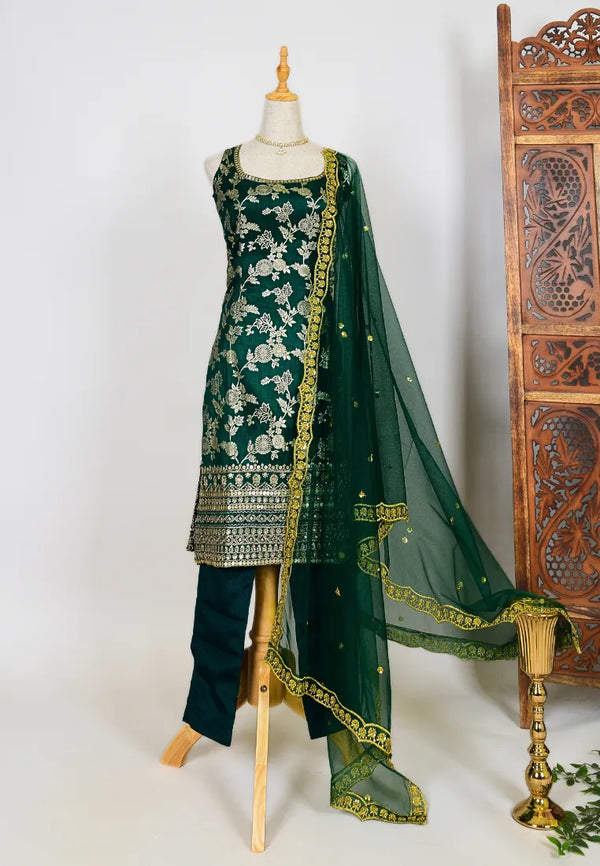 Dark-Green Art-Silk Brocade-Sequin-Embroidery Kurti-Top, Pants & Dupatta Set