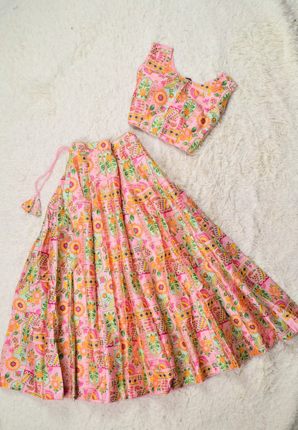 Baby-Pink Raw-Silk Multi-Embroidered Kalidaar-Lehenga-Skirt & Blouse Set