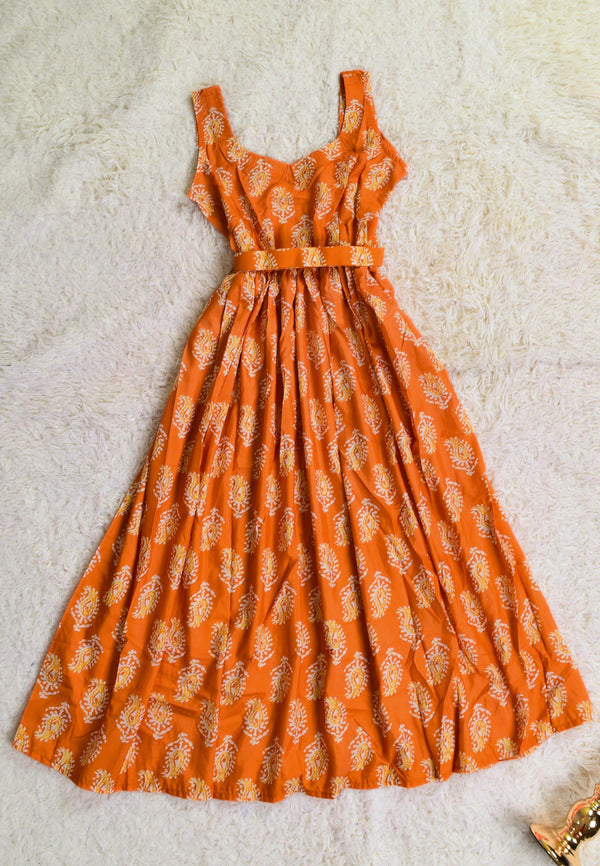 Orange Digital-Print Silk-cotton Anarkali-kurti Dress with Waist-Belt
