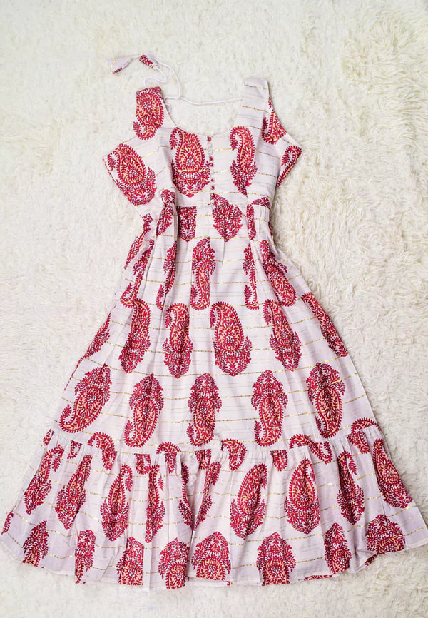 White Muslin-Zari Paisley-Print Layered-Pleated Anarkali-Kurti Dress