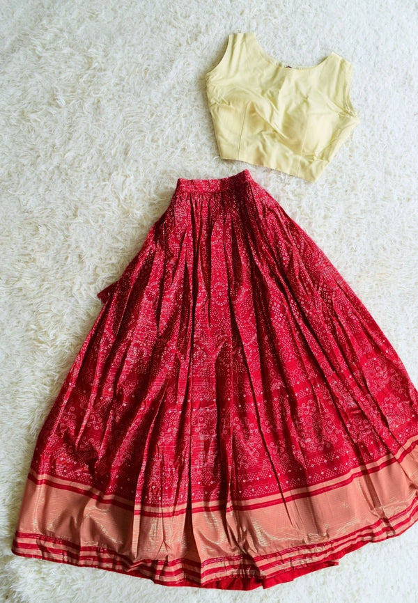 Off-White-Red Muslin-Zari Bhandini-Print Pleated-Lehenga Skirt & Blouse set