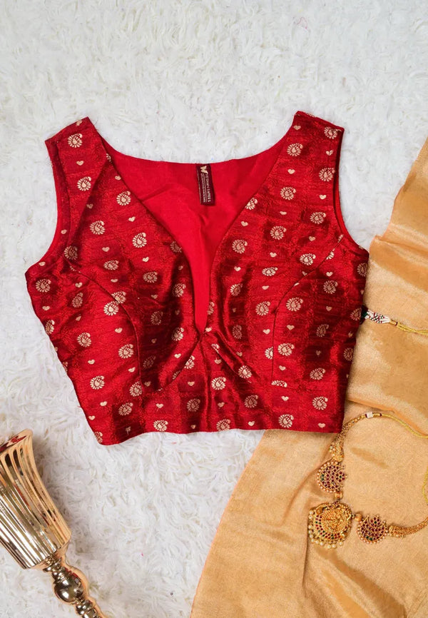 Blood-Red Jacquard-Woven Cotton-Blend Designer-Neckline Blouse