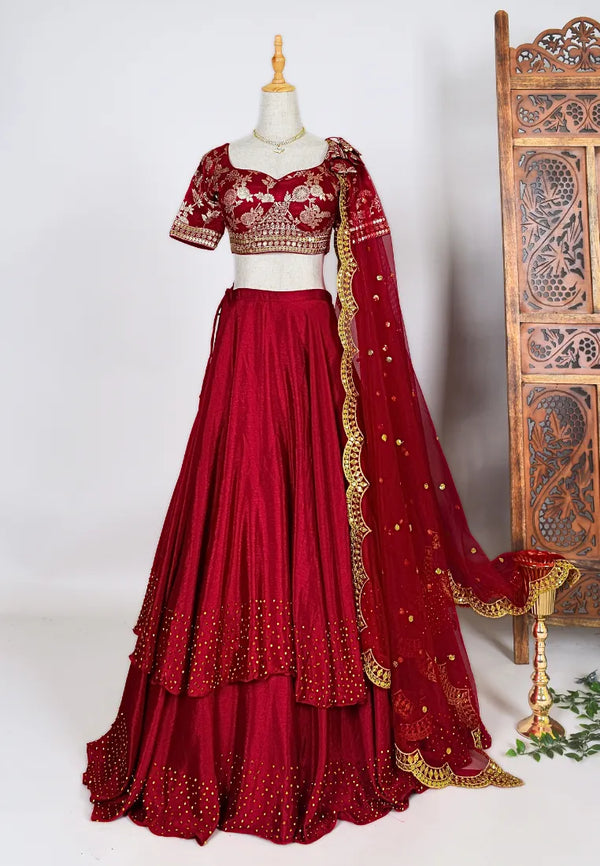 Blood-Red Stone-Work-Embroidered Art-Silk Layered-Pleated Lehenga-Skirt, Blouse & Dupatta Set