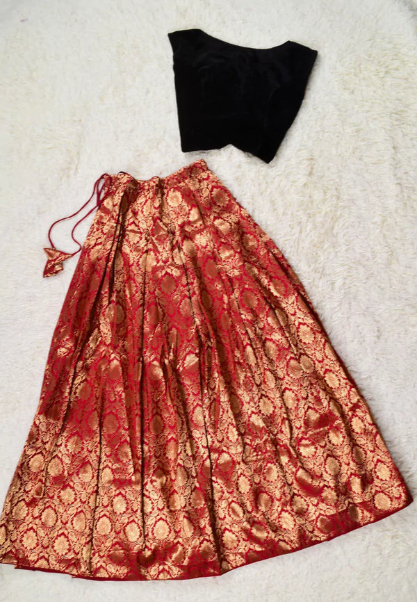 Red-Black Zari-Brocade Box-Pleated-Lehenga-Skirt & Blouse Set