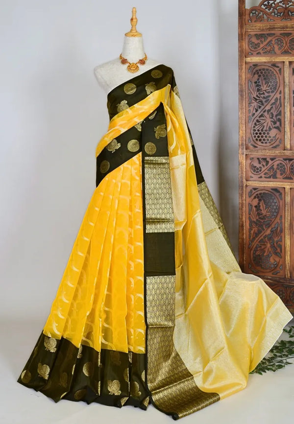 Yellow Black Kora Organza Zari Body Plain Border Soft Banarasi Saree