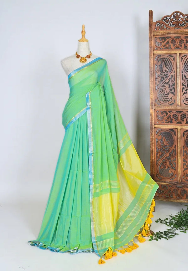 Pastel-Green Yellow Pure Cotton Velvet Mangalagiri Plain Bengal Saree