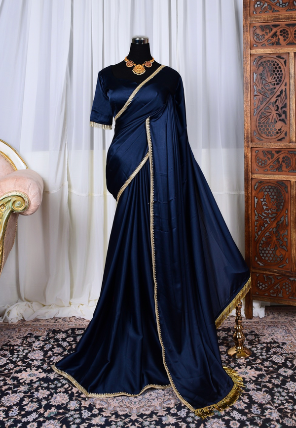 Dark-Blue Premium Satin-Silk Beaded-Lace & ReadyMade Blouse North Saree Set