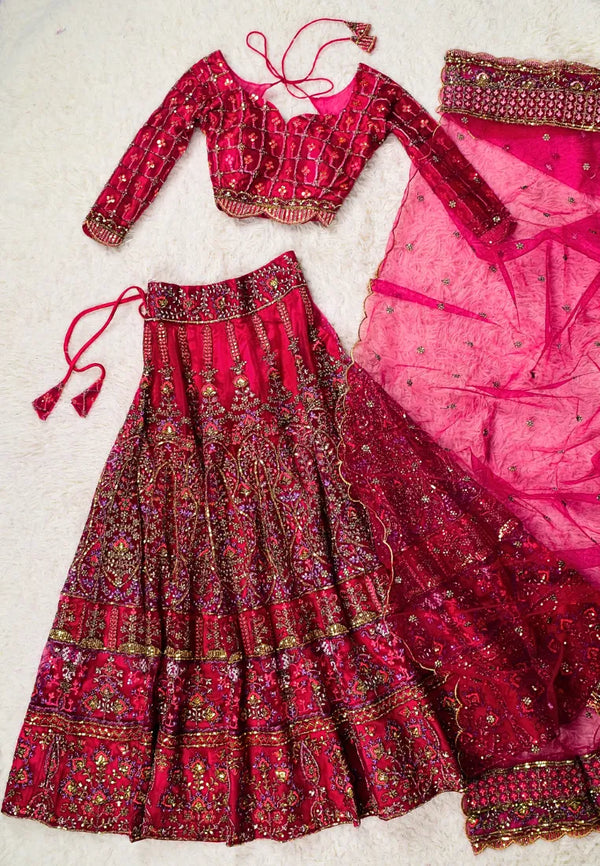 Rani-Pink Sequin-Embroidered Net Engagement Kalidaar-Lehenga-Skirt, Blouse &amp; Dupatta Set