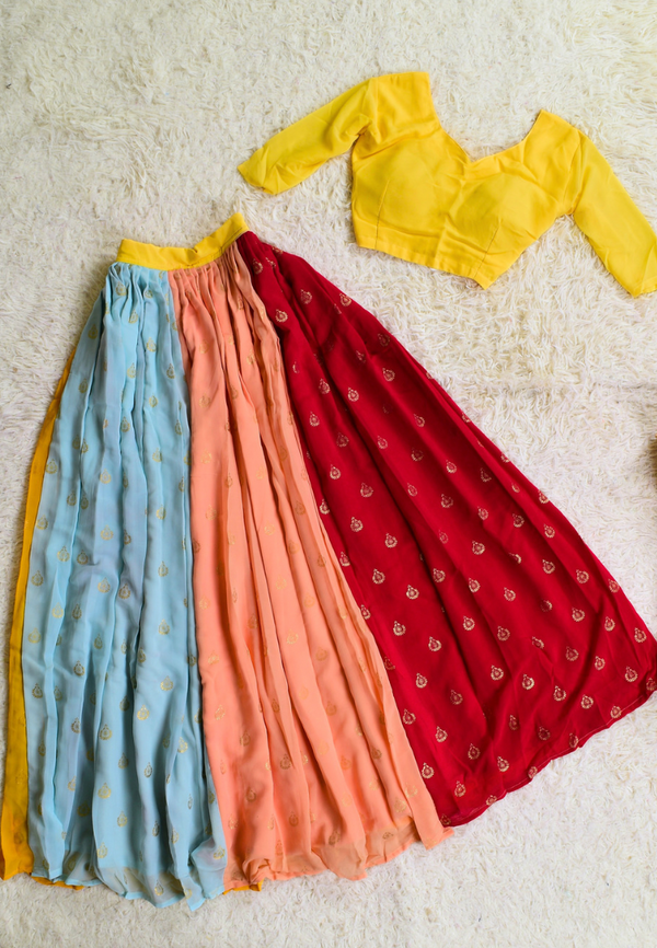 Multi-Colour Georgette Foil-Print Pleated-Lehenga-Skirt & Blouse Set