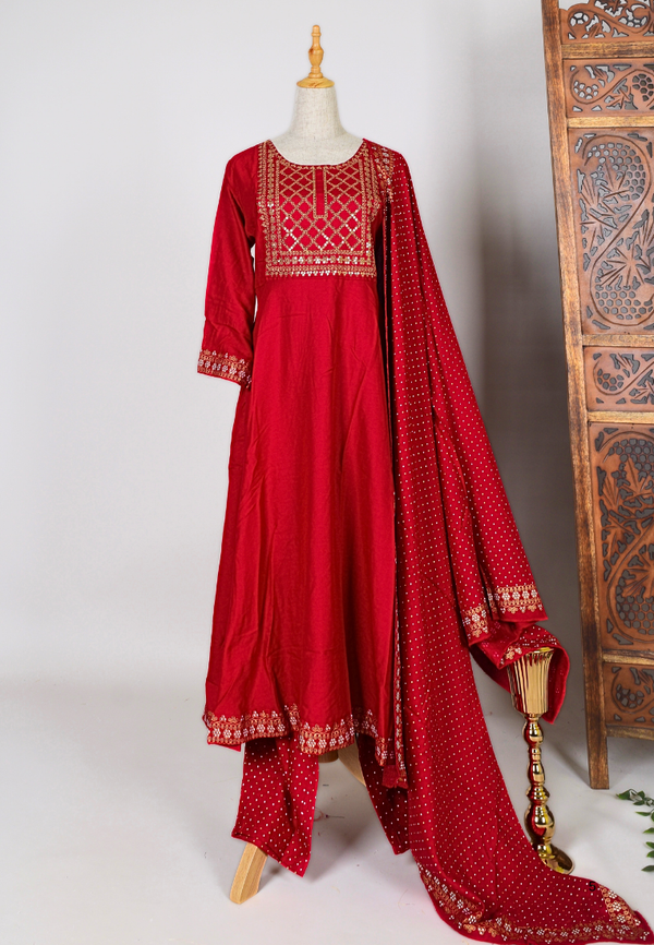 Blood-Red Sequin-Embroidery Cotton-Blend Straight-Cut Kurti-Top , Pants & Dupatta Set