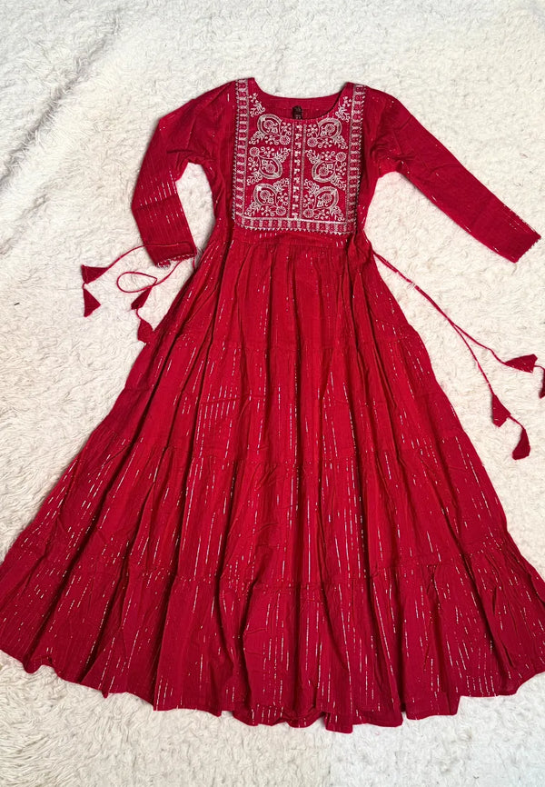 Cherry-Red Foil-Print Pure-Cotton Flare-Anarkali-Kurti