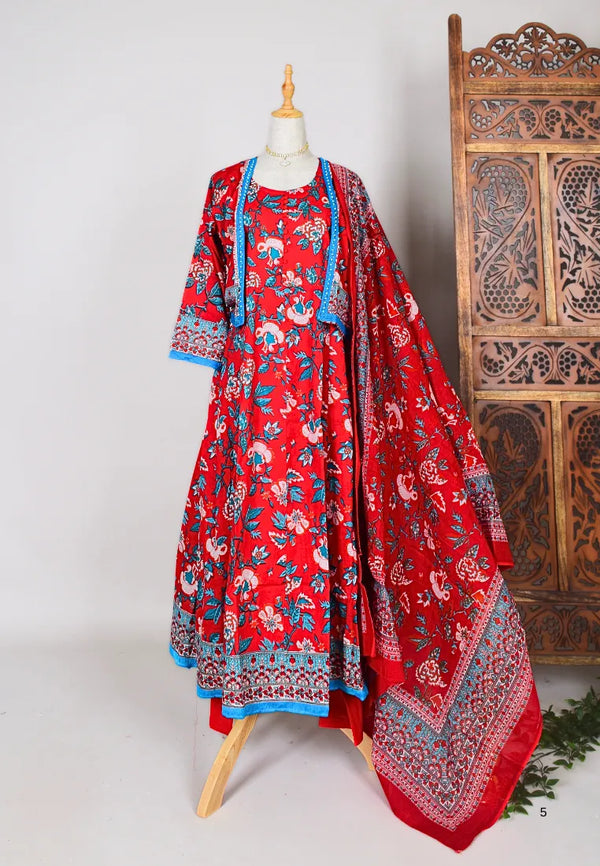 Chilli-Red-Blue Screen-Print Anarkali-Kurti-Top , Pants , Jacket & Dupatta set