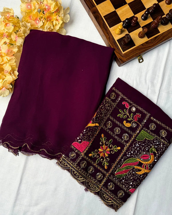 Purple-Wine Premium-Georgette Cutwork-Scallop-Border North-Saree with Heavy Embroidered Blouse Material