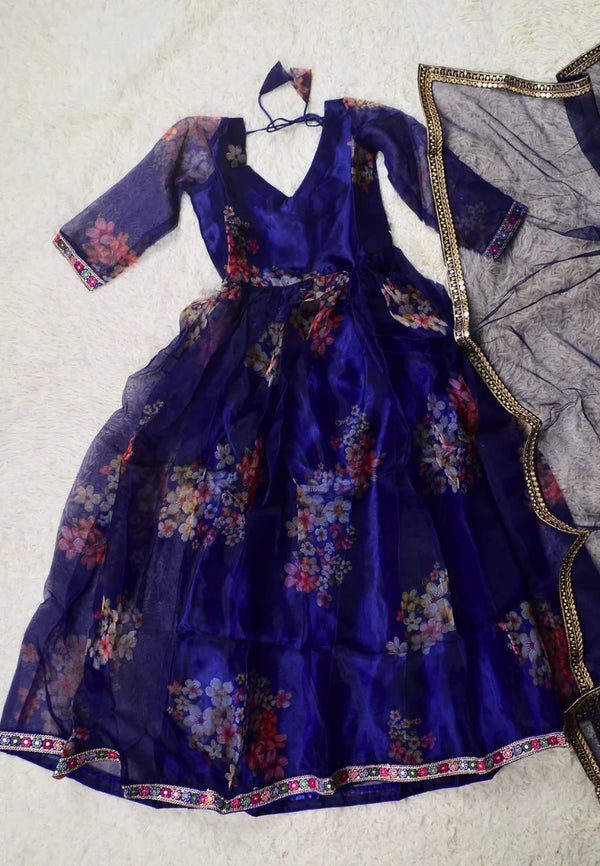 Blue Floral-Print Organza Pleated Anarkali-Kurti Dress &amp; Dupatta set