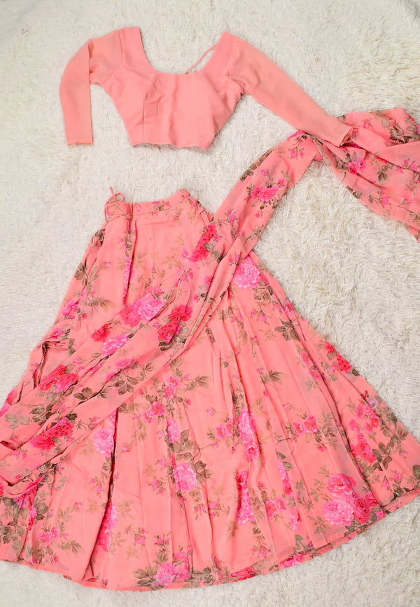 Pink Georgette Floral-Print Pleated-Lehenga-Skirt, Blouse & Dupatta Set