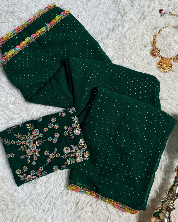 Dark-Green Premium-Georgette Rubber-Foil-Print Colourful-Lace North-Saree with Embroidered Blouse Material