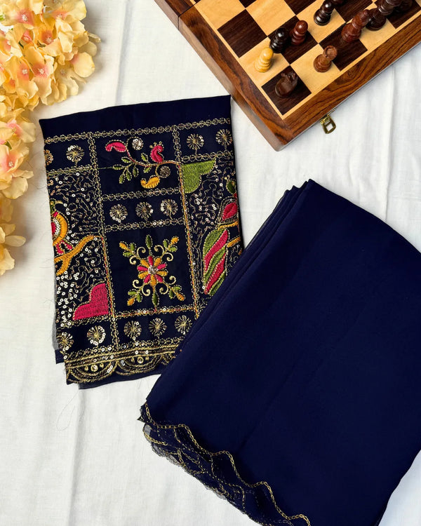 Navy-Blue Premium-Georgette Cutwork-Scallop-Border North-Saree with Heavy Embroidered Blouse Material