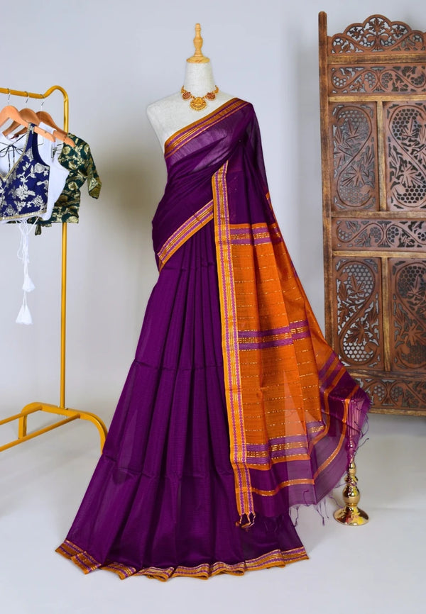 Purple-Orange handwoven Pure-Silk-Cotton Zari-Stripe-Pallu Maheshwari-Saree