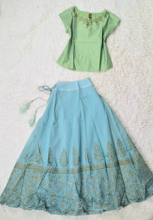 Mint-turquoise Foil-Print Cotton Lehenga-Skirt &amp; Blouse Set