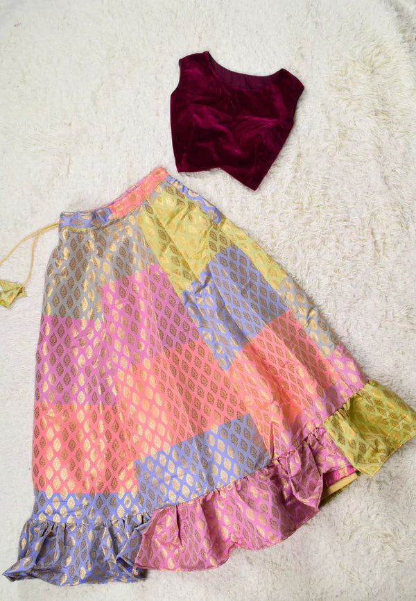 Multi-Colour Brocade-Velvet Kalidaar-Frill Lehenga-Skirt & Blouse Set