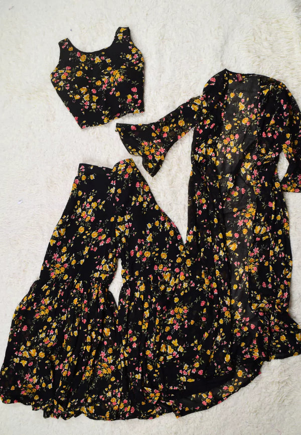 Black Floral-Print Georgette Blouse, Gharara & Jacket Set