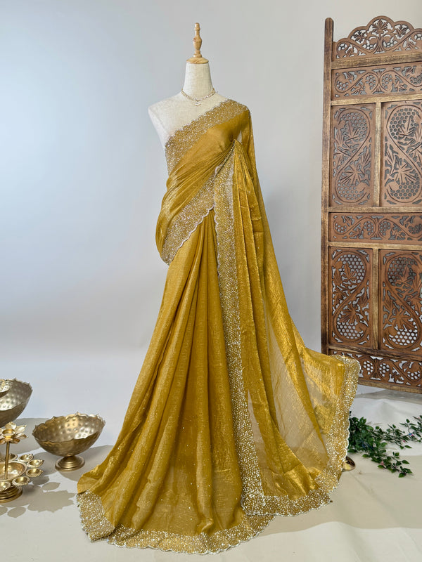 Gold Silken-Tissue Stonework-Border North-Saree